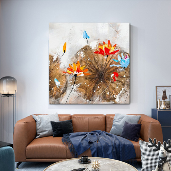 Handmade canvas flower oil painting vintage lotus wall art picture for living room modern abstract home decoration