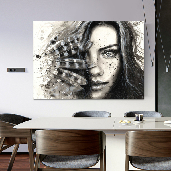 Feather Long Hair Girl Modern Frameless Printing Wall Art Home Black And White Decorative Oil Painting