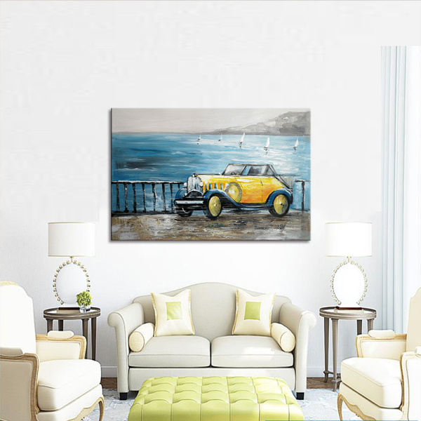 100% Handmade  Texture Oil Painting    Cars by the sea Abstract Art Wall Pictures for Living Room Home Office Decoration