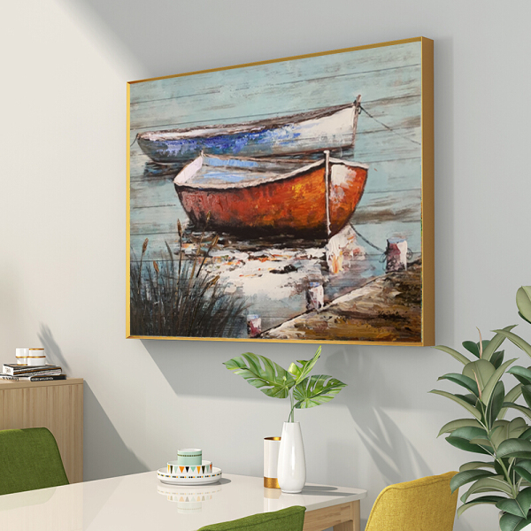 Handmade  Texture Oil PaintingTwo small boats docked by the river Abstract Art Wall Pictures for Home Office Decoration