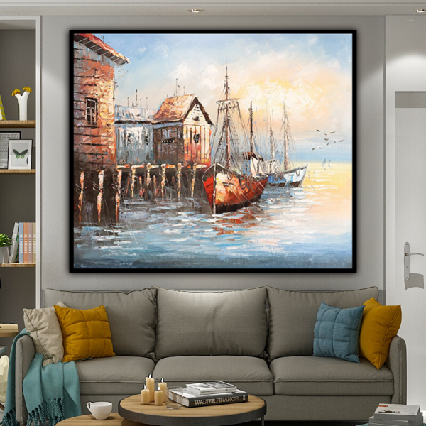100% Handmade  Texture Oil Painting House by the sea with boat  Abstract Art Wall Pictures