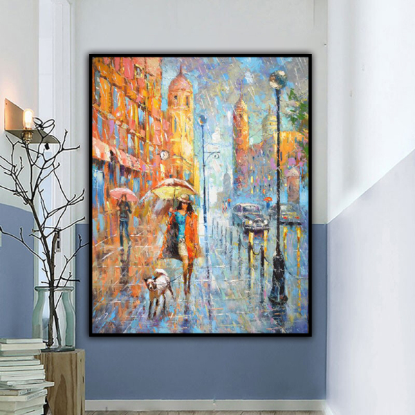 100% Handmade  Texture Oil Painting The handsome girl is leading the dog in the rain Abstract Art Wall Pictures