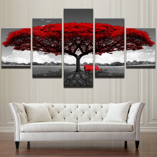 Modern 5 Frameless Canvas Gray Background Red Tree Picture Printing Art Home Decoration 5 Living Room Picture