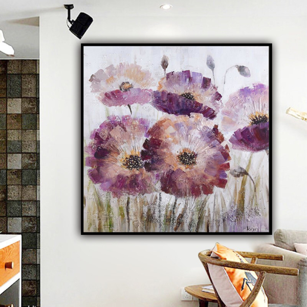 handmade oil painting  Thick texture Abstract lotus  pink purple  home decor  Wall Decoration