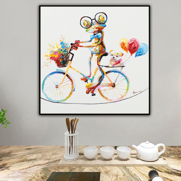 100% handmade Colourful Frog riding a bicycle Animal Handmade oil painting on the Canvas
