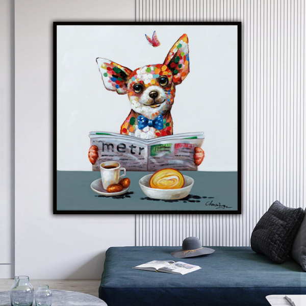 Hot selling 100% handmade modern colorful animal abstract POP art dog read newspapers oil painting on canvas for home decor
