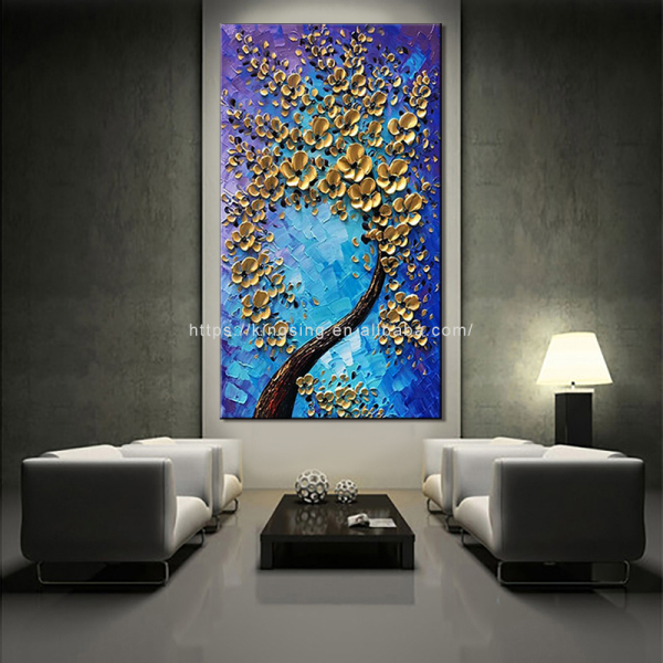 Newest sale golden flowers on blue background theme art paintings print handmade canvas oil painting