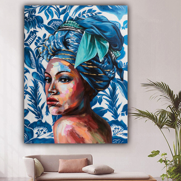 Handmade  Texture Oil Painting The blue one with the headscarf Abstract Art Wall Pictures  Decoration