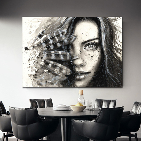 Feather Long Hair Girl Modern Frameless Printing Wall Art Home Black And White Decorative Oil Painting