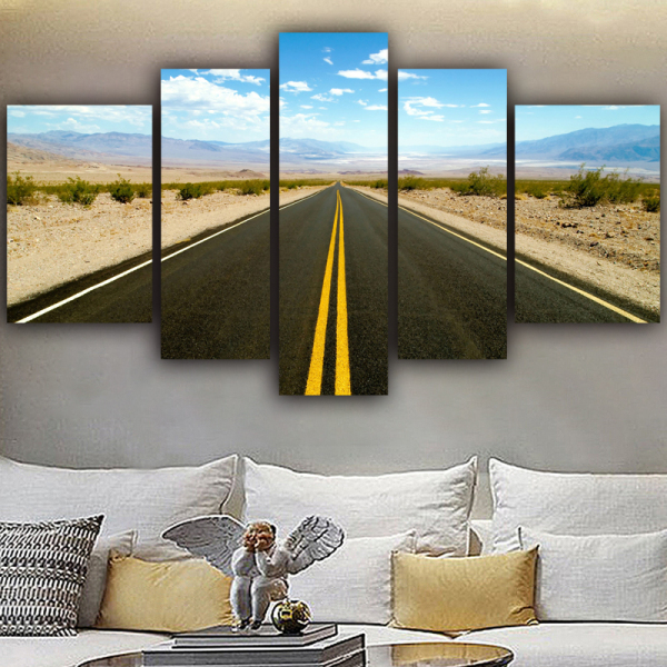 Hot selling landscape prints home painting 5 panel oil painting decoration highway living room wall decoration painting