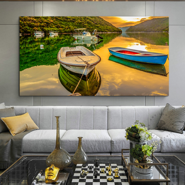 Digital printing canvas painting beautiful lake scenic with boat, scenery art picture 3d printing painting