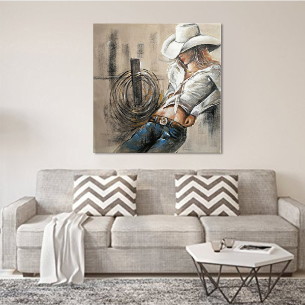 handmade oil painting  Cool cowboy Girl  Thick texture home decor  Wall Decoration