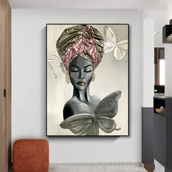 Customize modern metal painting art black woman canvas oil painting for hotel, wall art artworks handmade painting kits