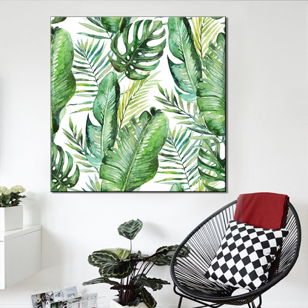 Green Watercolor Leaves Plants Poster Scandinavian Style Decorative Picture Modern Wall Art Paintings for Living Room
