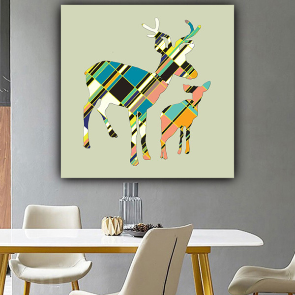 Good product sale art custom design color geometric graph stitching two deer picture printing simple canvas painting