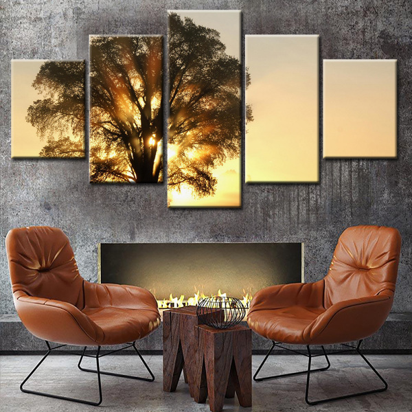 The Setting Sun Penetrates The View Of Tall Tree 5 Pieces Of Oil Painting Canvas Spray Painting Home Wall Decoration Painting