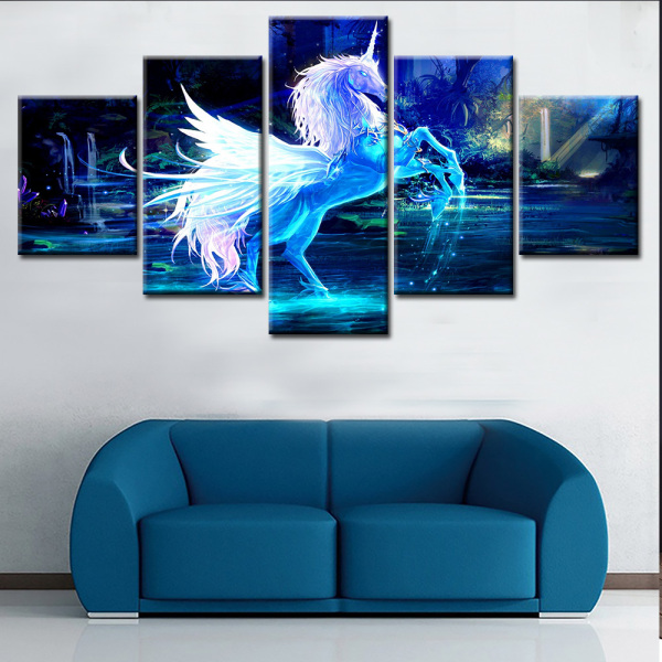 the running white horse 5 panel printed painting for decoration home or hotel