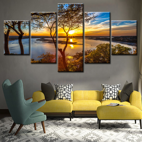 5 Pieces of Oil Painting Painting of Beautiful City Scenery in the Setting Sun for Home Decoration