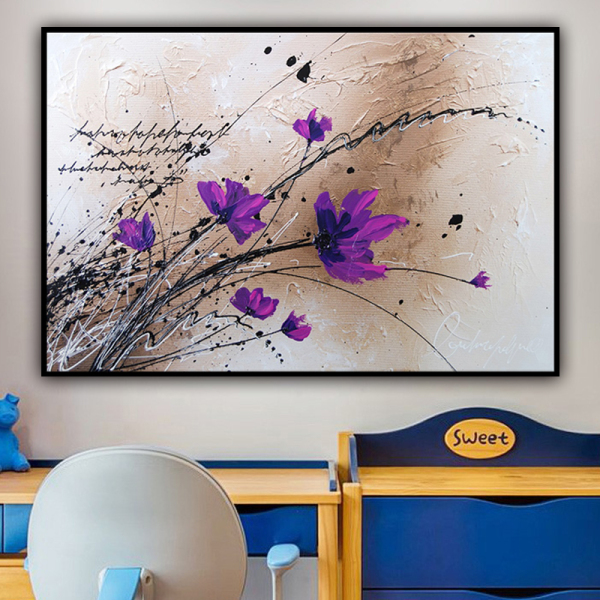 100% Handmade  Texture Oil Painting  Purple flowers Abstract Art Wall Pictures for Living Room Home Office Decoration