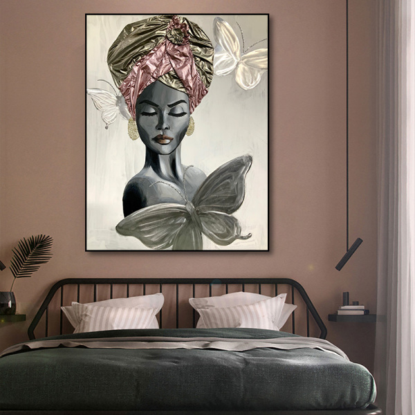 Customize modern metal painting art black woman canvas oil painting for hotel, wall art artworks handmade painting kits