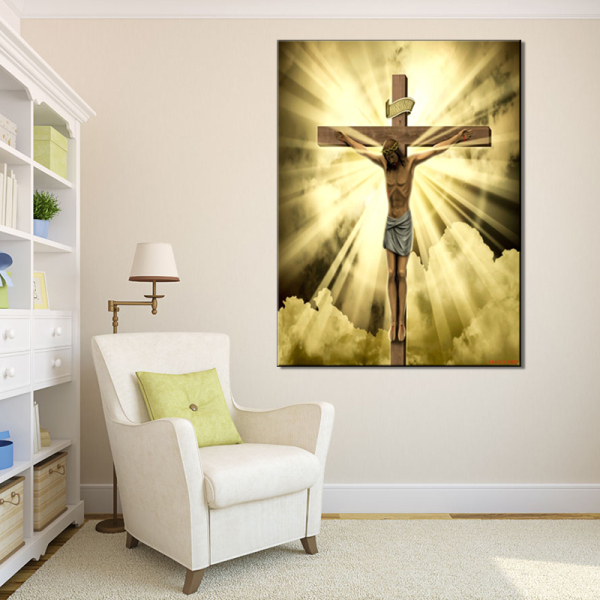 HD Printed Canvas Posters Frame Living Room Wall Art Gold Sky Jesus Statue Cross Home Decor Painting Modular Pictures
