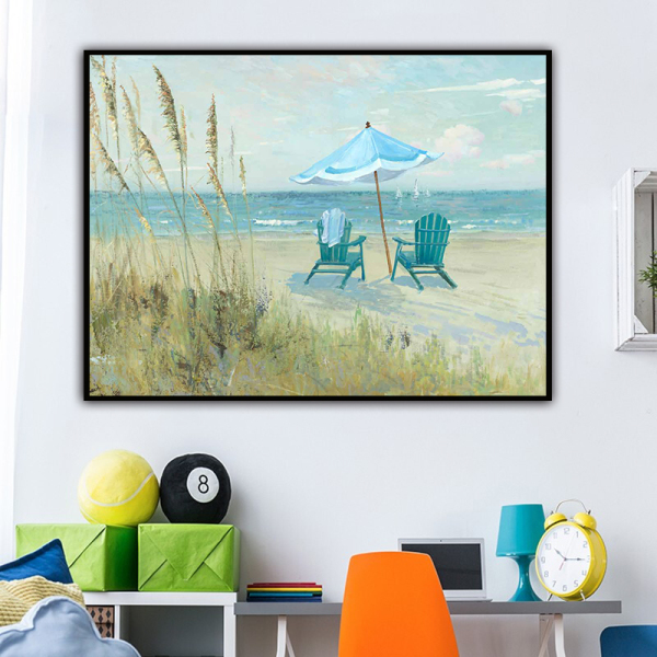Handmade  Texture Oil Painting View the scenery on the beach reclining chair Abstract Art Wall Pictures  Decoration