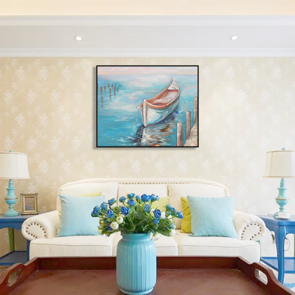 New arrival blue sea boat scenic art handmade oil painting, rectangle oil painting canvas