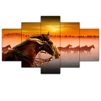 Lienzo pintado pintura 5 juegos de pintura combinada grupo de caballos decoración del hogar pintura bajo la puesta de sol