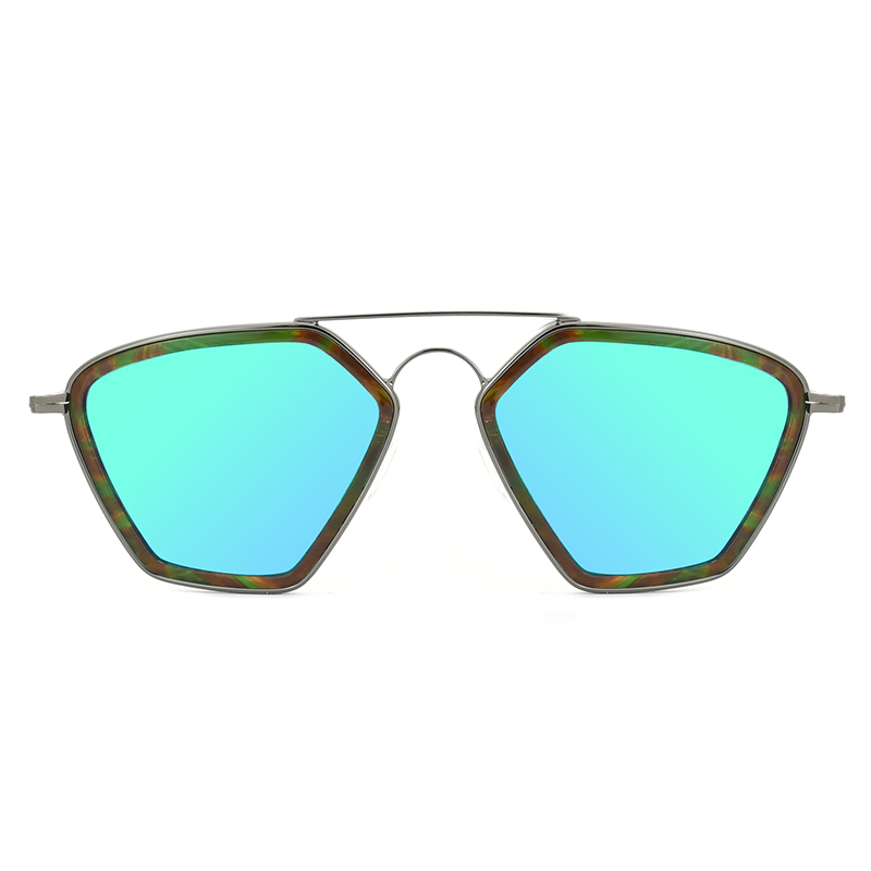 Fashionable polygonal double nose bridge acetate metal sunglasses