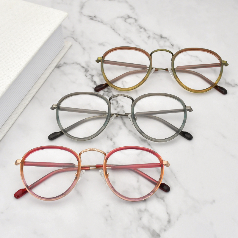 Acetate Unisex Retro Oval Metal Optical Frame Eye Glasses