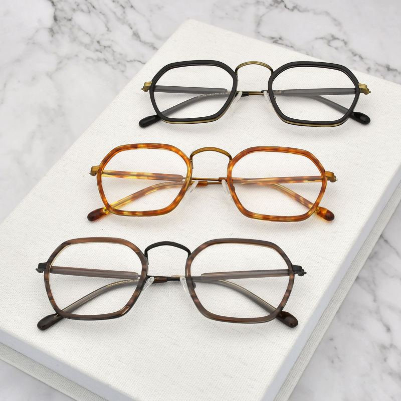 2021 Brand Vintage Stylish Geometric Acetate and Metal Mix Eyeglasses Frames with Spring Hinge