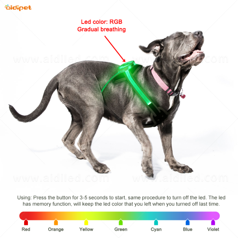 Led Light Reflective Nylon Soft Dog Harness For Walking Training Light up Dog Harness with RGB Light