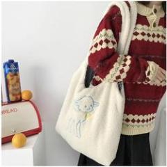 Femmes agneau sac à bandoulière Simple toile sac à main fourre-tout grande capacité broderie sac à provisions mignon livre sacs pour les filles