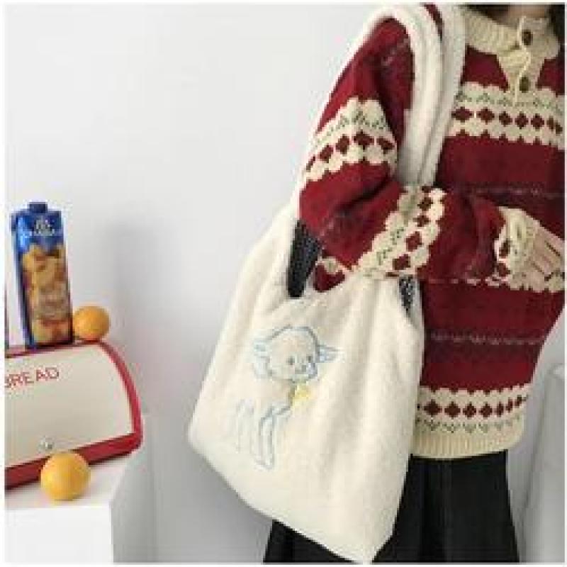 Women Lamb Shoulder Bag Simple Canvas Handbag Tote Large Capacity Embroidery Shopping Bag Cute Book Bags For Girls