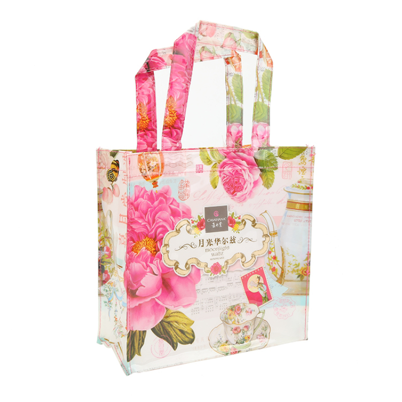 Beautiful flower printing colorful washable eco pvc material gift packing pvc tote bag