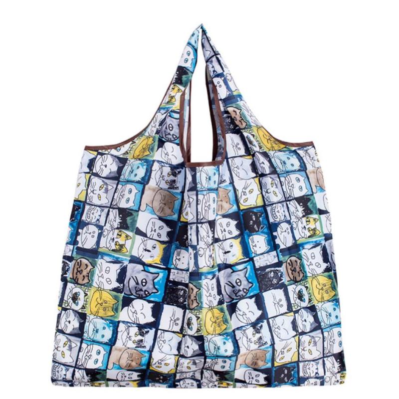Hot Folding Reusable Grocery Bags Cloth Grocery Tote Washable Bags Polyester Foldable Into Attached Pouch Colorful