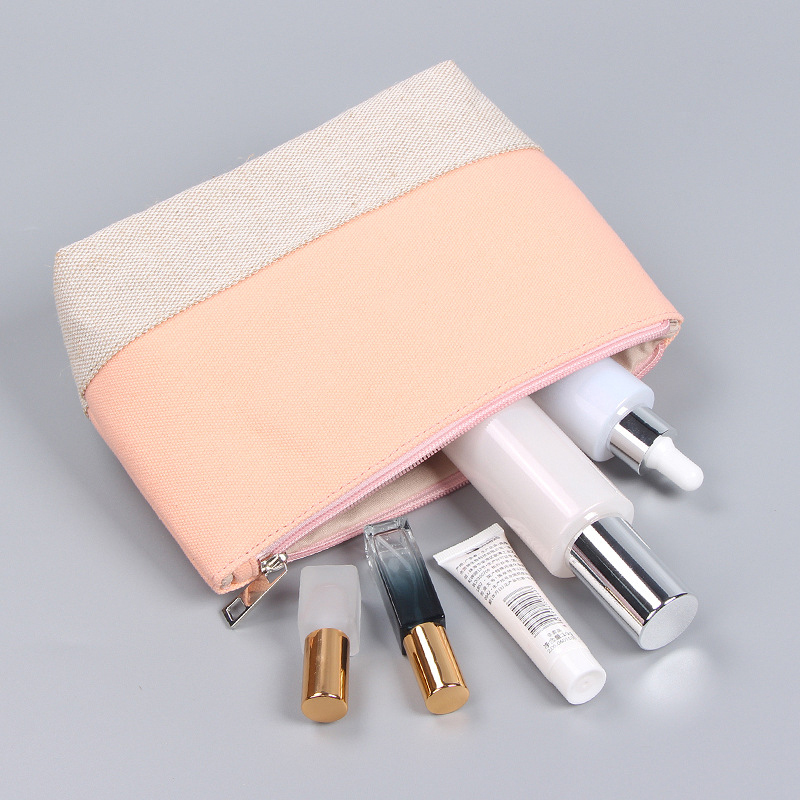 Customized Stitching Color Makeup Pink Custom Cosmetic Bag Canvas Cosmetic Makeup Pouch Bag With Zipper