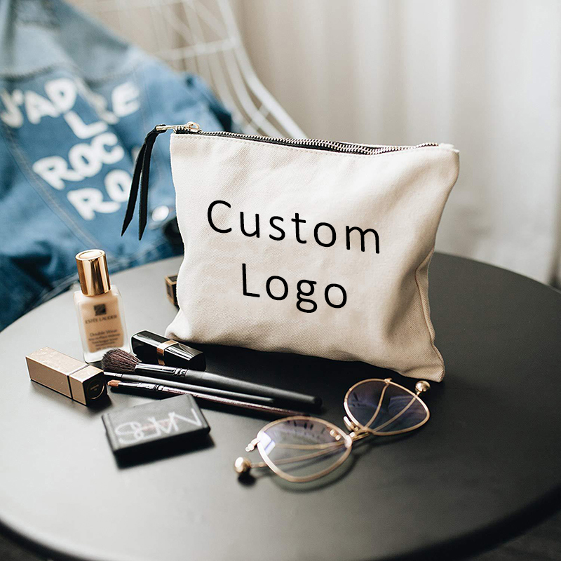 Small Eco Friendly Custom Cotton Blank Zipper Pouch Make Up Bags Plain Cotton Canvas Makeup Cosmetic Bag With Logo