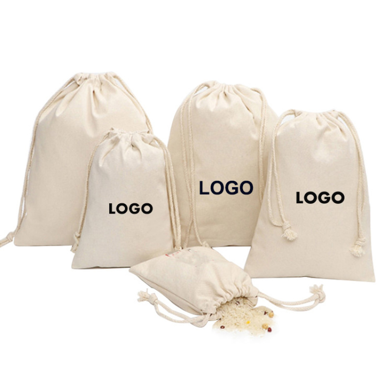 wholesale eco friendly cotton pouch custom logo printed canvas cotton calico drawstring bag with double string draw string bag