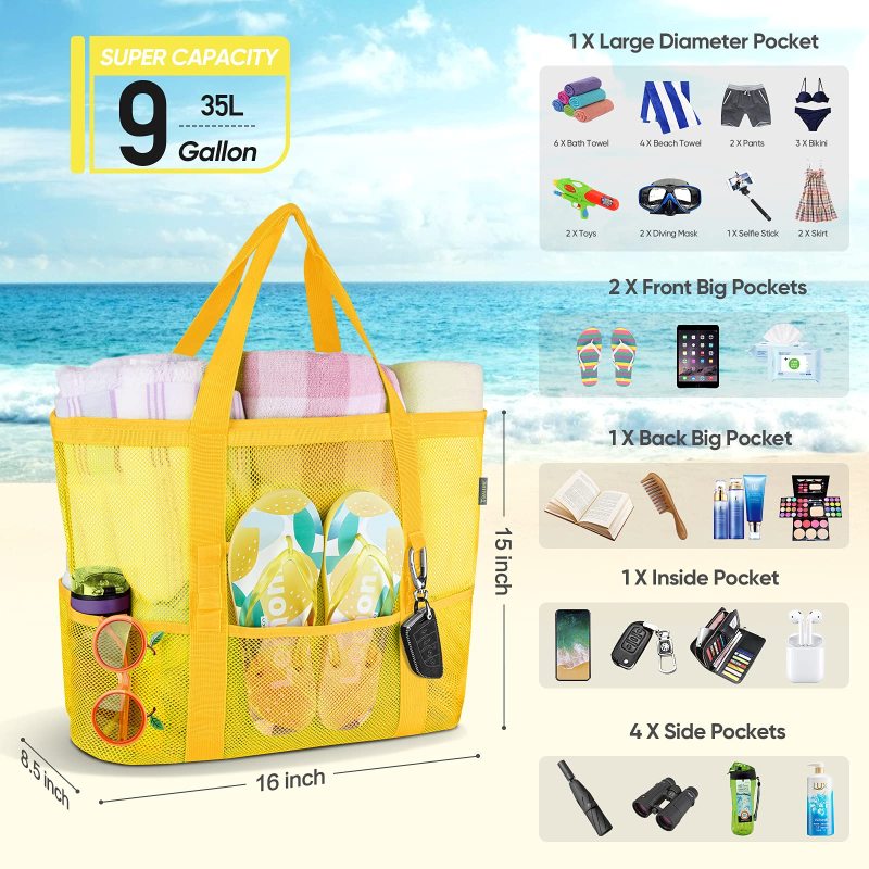 Custom print family beach camping toys mesh tote bags oversized zippered insulated beach tote swimming bag for beach bag