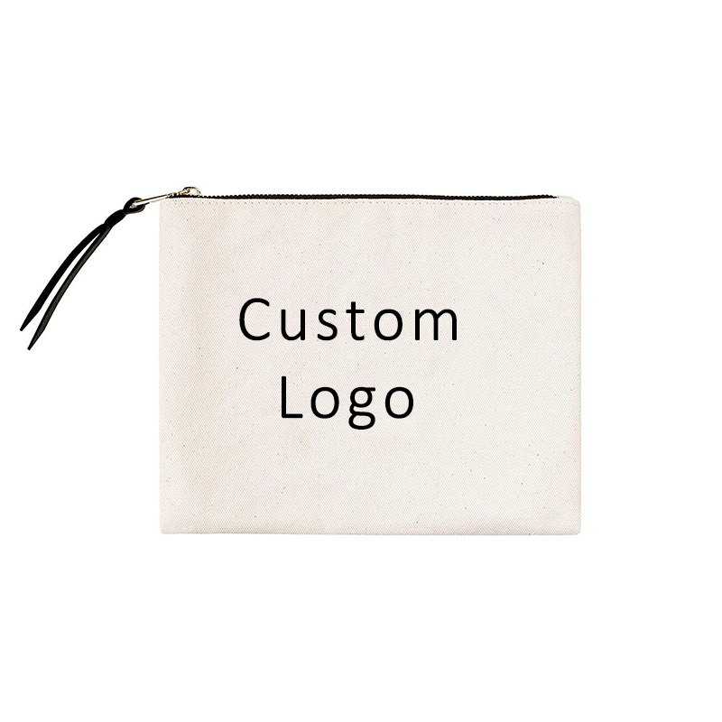 Custom Printed Logo Gift White Cotton Canvas Cosmetic Makeup Bag With Zipper