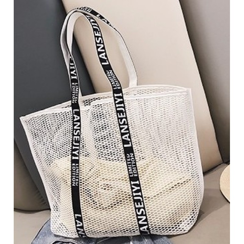 2022 Summer Fashion Print Large Mesh Tote Bag Personality Hollow Out Grid Beach Handbag