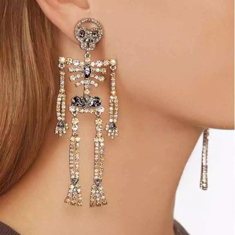Hip Pop Jewelry Sleek Minimalist Alloy Crystal Halloween Skeleton Drop Earrings For Women