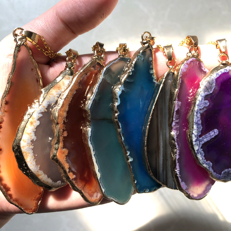 Gold Plated Irregular Shape Natural Geode Stone Agate Pendant Necklace for Women Gift