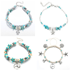 New Summer Double Layer Bohemia  Retro Beach Style Artifical Rice Bead Turtle Starfish Shell Anklet