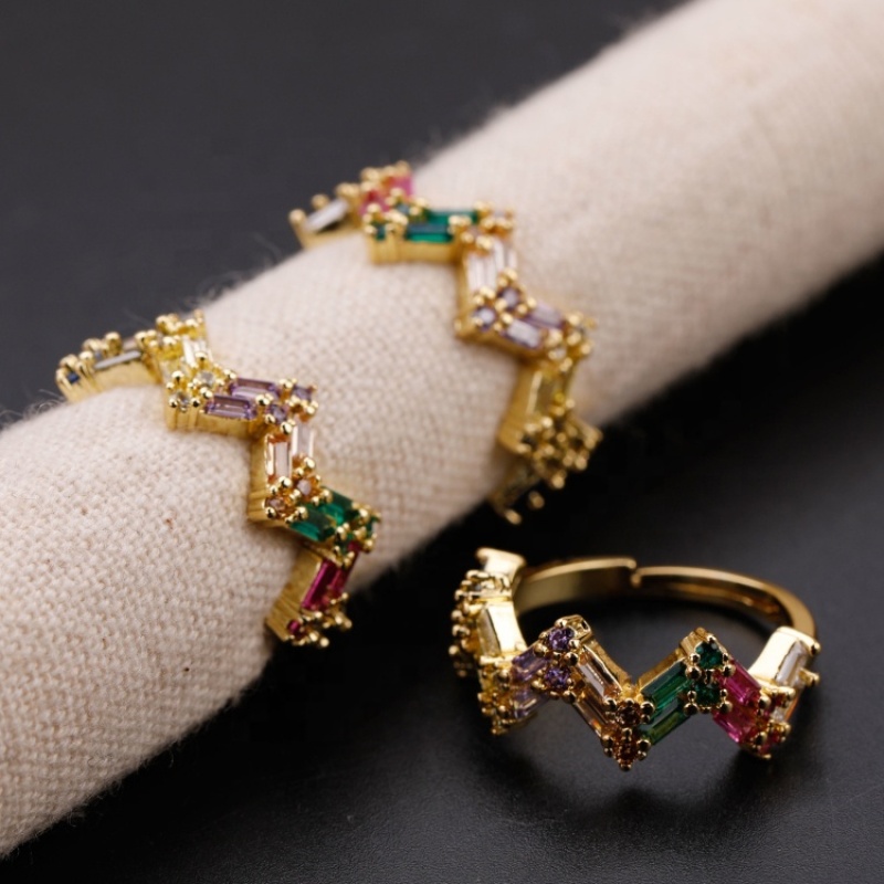Luxury Gold Plated Zircon Brass Jewelry Wave Design Ring Copper Colourful Gemstone Unisex Band Rings For Party Gift Wholesale