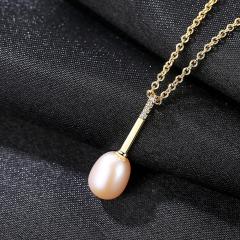 Wholesale Women Fashion Korean S925 Sterling Silver CZ Jewelry Zircon Gold Long Chain Natural Pearl Pendant Necklace