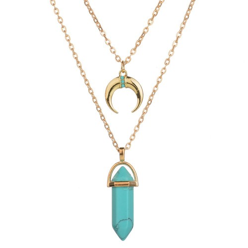 Fancy Layered Gold Plated Chain Moon Charm 6 Colors Natural Stone Pendant Necklace for Women