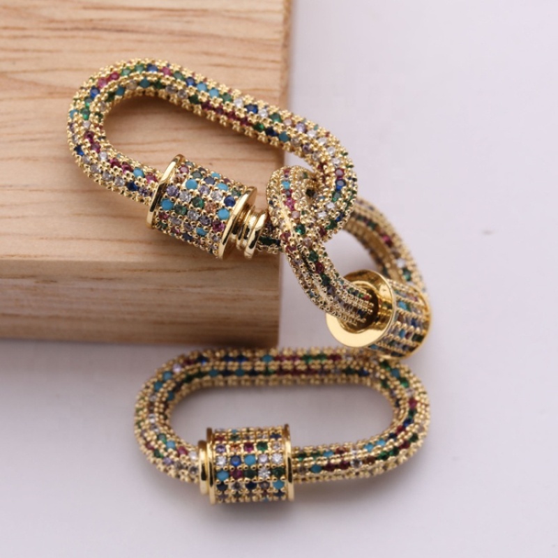 High Quality Multi CZ Micro Pave Oval Shaped Clasp Carabiner Gold Plated Oval Pendant for Necklace Jewelry Making
