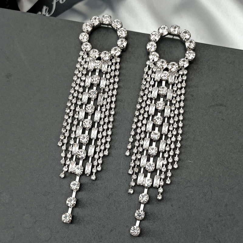 925 Silver Needle Rhinestone Exaggerated Personality Zircon Flash Diamond Long Tassel Earrings for Women